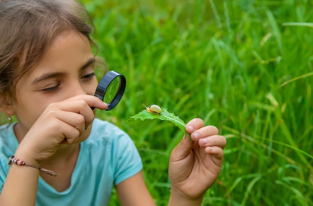 Il bambino guarda la lumaca attraverso una lente d'ingrandimento. Messa a fuoco selettiva. Natura.