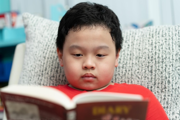 Il bambino ha letto il libro sul divano