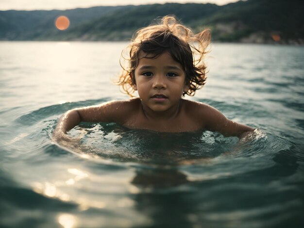 il bambino impara a nuotare in mare sul lago in natura