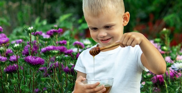 Il bambino mangia il miele in giardino.