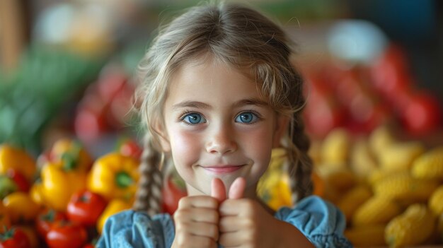 Il bambino mostra il pollice in alto all'asilo mentre mangia cibo sano