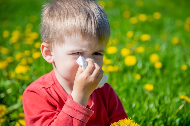 Il bambino raccoglie e annusa i fiori allergia primaverile