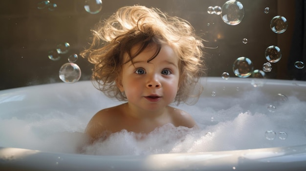 Il bambino si bagna nella vasca da bagno con schiuma e bolle, felice momento del bagnetto per bambini