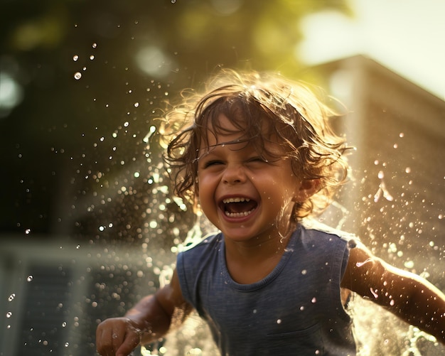 Il bambino si diverte con l'acqua spruzzata