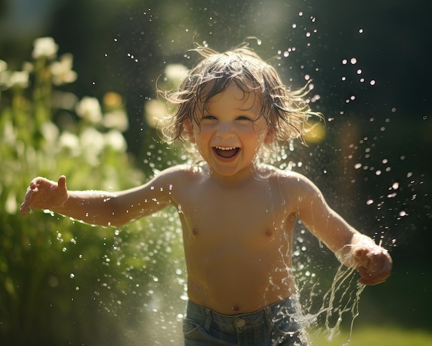 Il bambino si diverte con l'acqua spruzzata