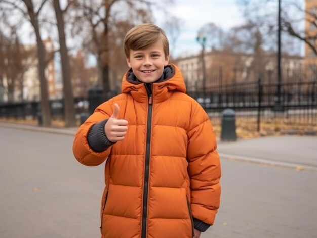 il bambino si gode la giornata invernale innevata in posa giocosa