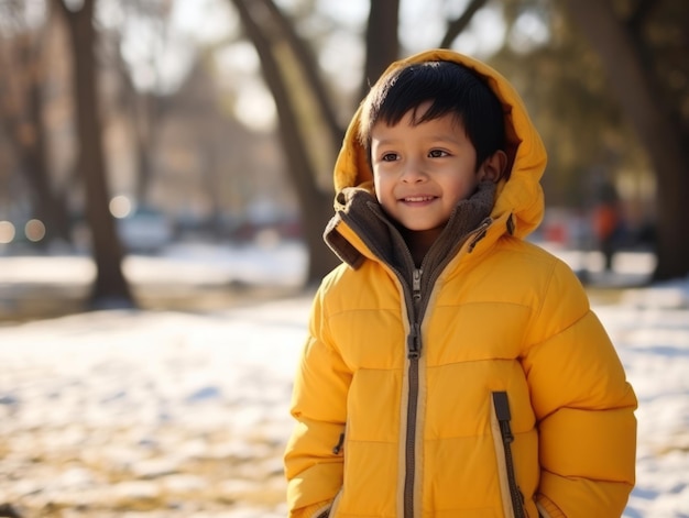 il bambino si gode la giornata invernale innevata in posa giocosa