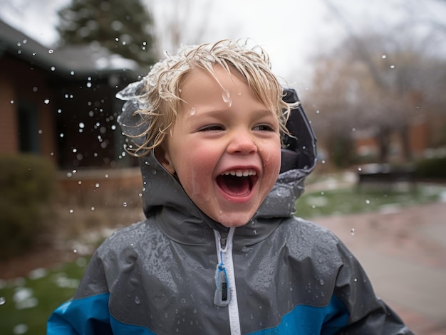 il bambino si gode la giornata invernale innevata in posa giocosa