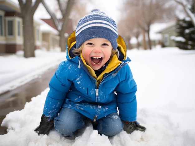 il bambino si gode la giornata invernale innevata in posa giocosa