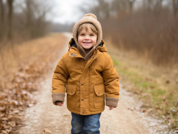 Il bambino si gode una piacevole passeggiata in una giornata invernale