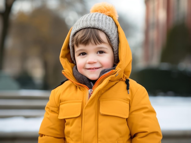 Il bambino si gode una piacevole passeggiata in una giornata invernale