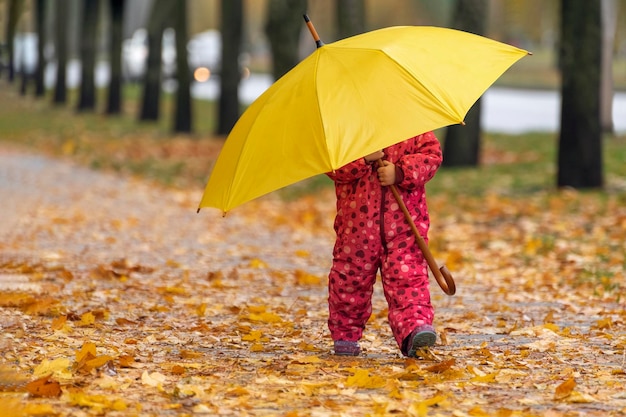 Il bambino si nascose dietro un grande ombrello giallo e cammina attraverso le foglie cadute Bambino nel parco autunnale