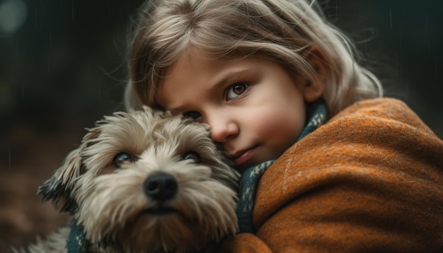 Il bambino sorridente abbraccia il cucciolo giocoso all'aperto felicemente generato dall'intelligenza artificiale