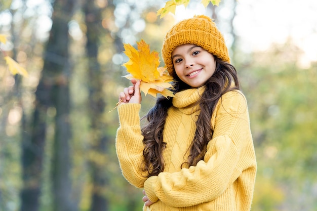 il bambino sorridente in stile autunnale raccoglie foglie di acero gialle infanzia