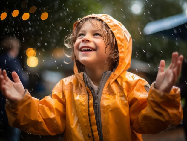 Il bambino spensierato balla con gioia sotto la pioggia rinfrescante