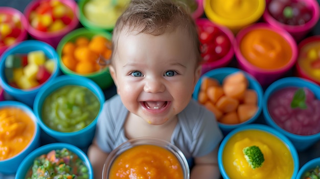 Il bambino sta con la pancia piena di ciotole di cibo di diversi colori