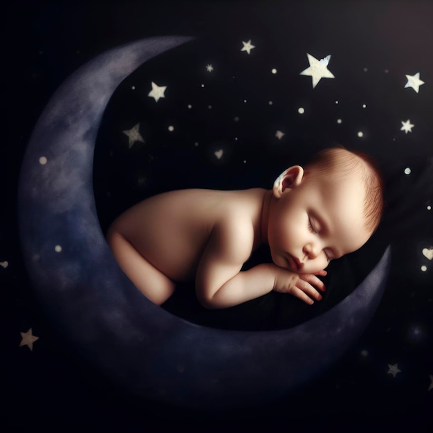 Il bambino sta dormendo un sonno accogliente sotto le stelle e la luna su uno sfondo scuro ai generativo