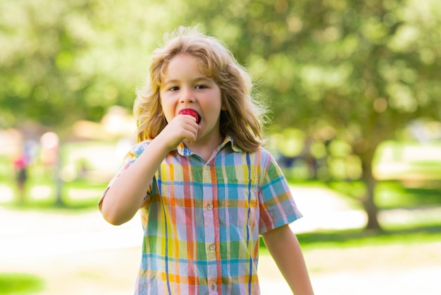 Il bambino sta raccogliendo le ciliegie nel giardino