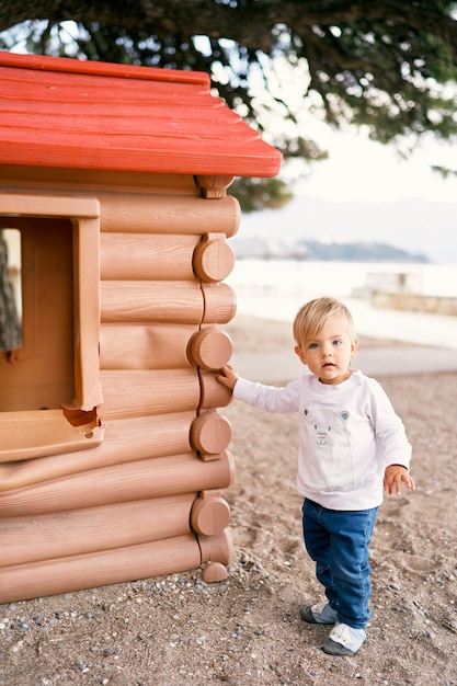 Il bambino sta vicino a una casa giocattolo nel parco giochi