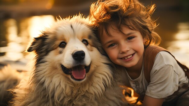 Il bambino sveglio abbraccia il piccolo cane che ritrae l'amore e l'innocenza