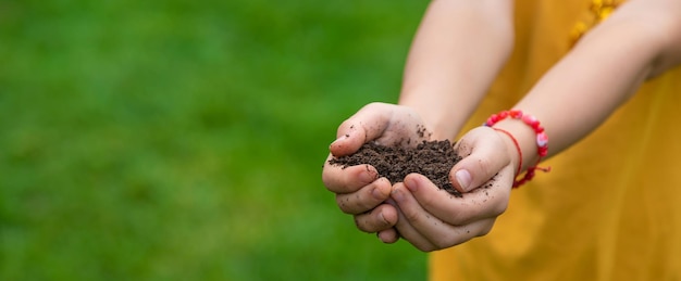 Il bambino tiene il terreno nelle sue mani Messa a fuoco selettiva