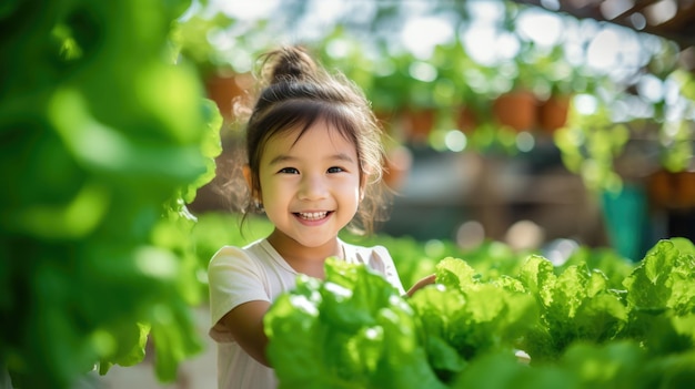 Il bambino tiene in mano un'insalata fresca raccolta dalla serra