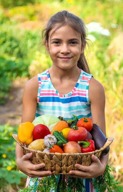 Il bambino tiene le verdure tra le mani in giardino. Messa a fuoco selettiva. Ragazzo.