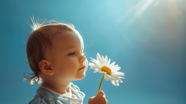 Il bambino tiene un grande fiore di margherita su uno sfondo blu