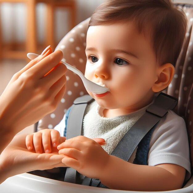 Il bambino viene nutrito con il cucchiaio la madre nutre il bambino