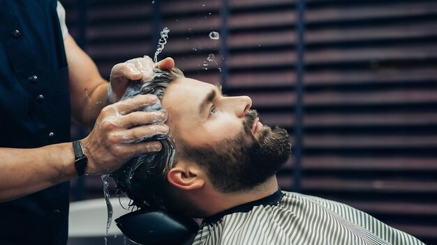 Il barbiere lava i capelli di un uomo barbuto.