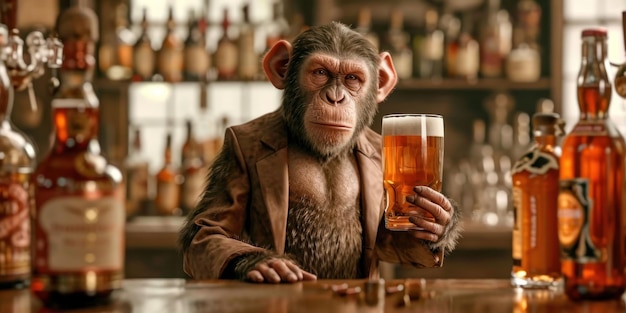 Il barista chipanzee con una giacca marrone tiene un bicchiere di birra in un bar Pub banner poster
