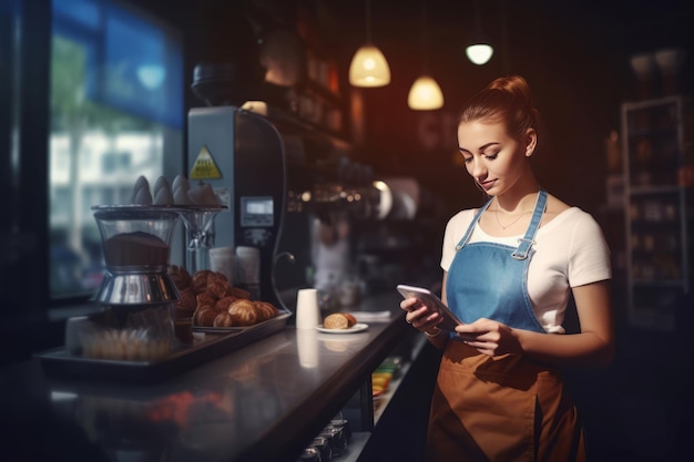 Il barista del grembiule da donna sta nel negozio di persone Genera Ai