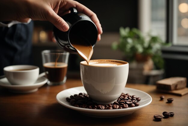 Il barista diligente sta preparando latte fresco per i clienti per la pausa caffè in caffetteria