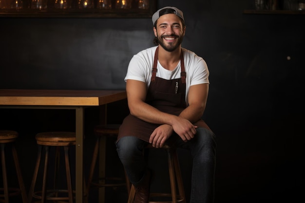 Il barista in grembiule è seduto su uno sgabello da bar