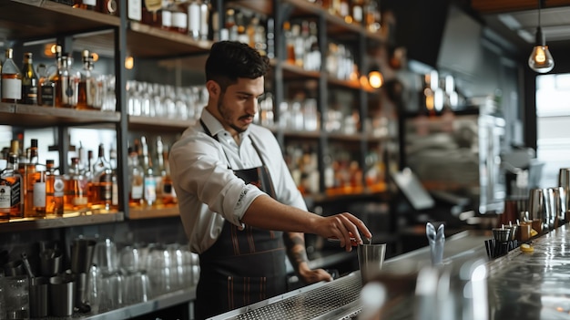 Il barista si trova dietro il bar e versa le bevande.