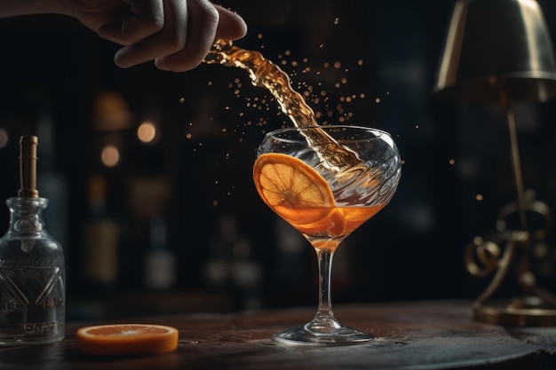 Il barista spruzza la buccia d'arancia nel cocktail Creato con la tecnologia dell'IA generativa