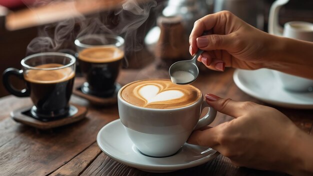 Il barista sta preparando un cappuccino con schiuma di latte