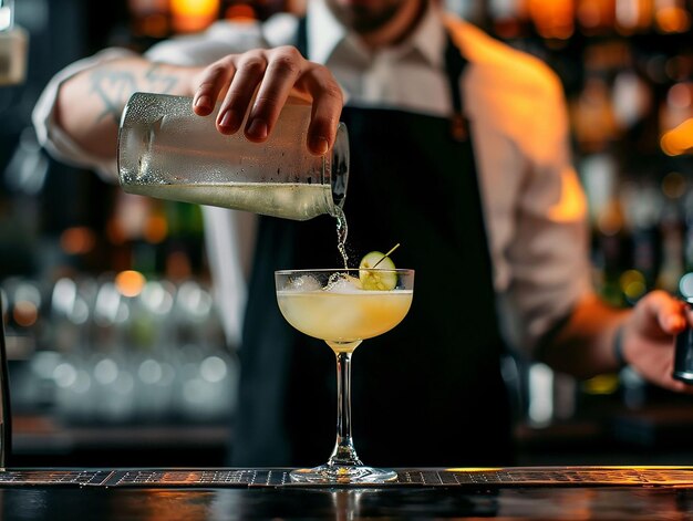 Il barista sta preparando un cocktail in un moderno bar-restaurante sullo sfondo sfocato