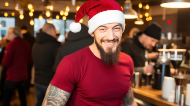 Il barista tatuato lavora felicemente al bar