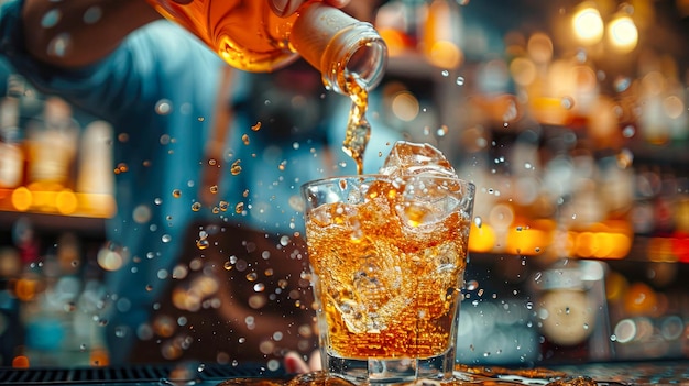 Il barista versa una deliziosa bevanda alcolica rinfrescante, un cocktail di whisky con ghiaccio.