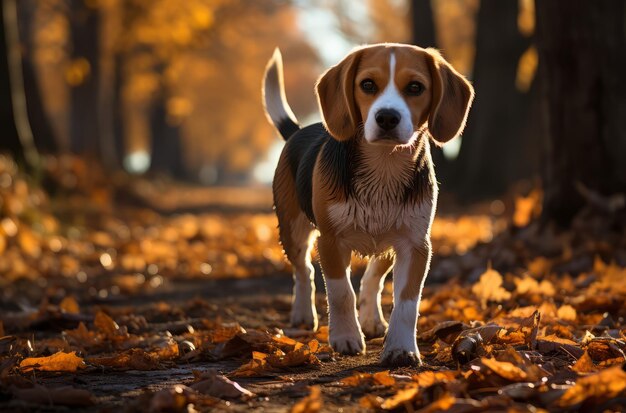 il beagle è in piedi su una strada circondata da alberi