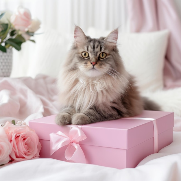 il bel gatto domestico sulla scatola regalo rosa con fiori quasi sul letto bianco e rosa