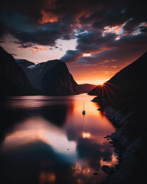 Il bel tramonto in un fiordo in Norvegia ha generato ai