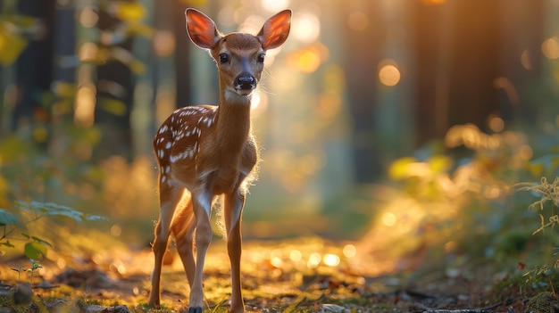 Il bellissimo cervo maculato Bambi passeggia per la foresta godendosi il tempo