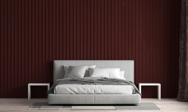 Il bellissimo e moderno mock up e interni della camera da letto e rosso muro texture texture backgroundD rendering