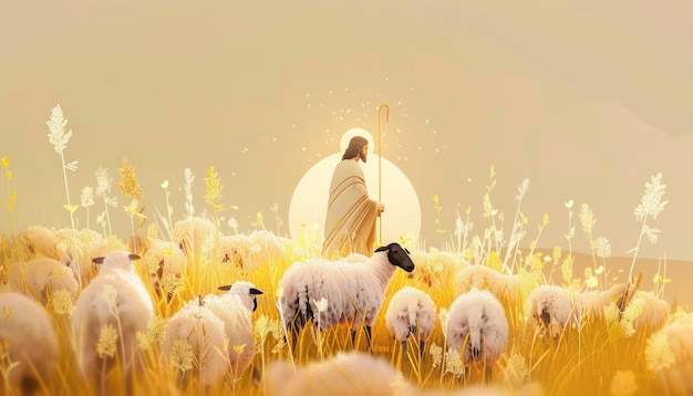 Il bellissimo Gesù Pastore con le sue pecore sullo sfondo Paesaggio illustrato straordinario Scena biblica