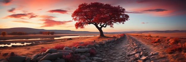 Il bellissimo tramonto d'autunno proietta tonalità calde sul paesaggio