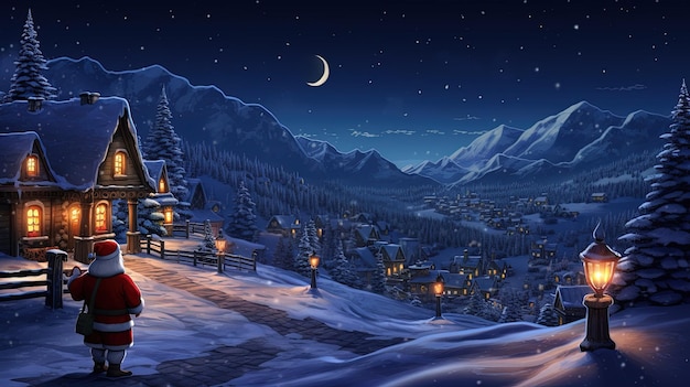 Il bellissimo villaggio innevato di Babbo Natale di notte Un paesaggio natalizio per le vacanze
