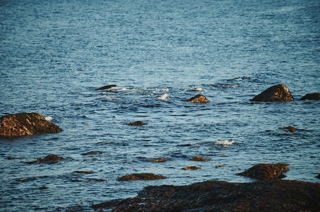 Il bello paesaggio del giorno di estate ha abbandonato la difesa costiera artnature Teriberka del nord, vista del mare di Barents.