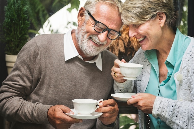 Il bere di Tean di pomeriggio delle coppie senior si rilassa il concetto